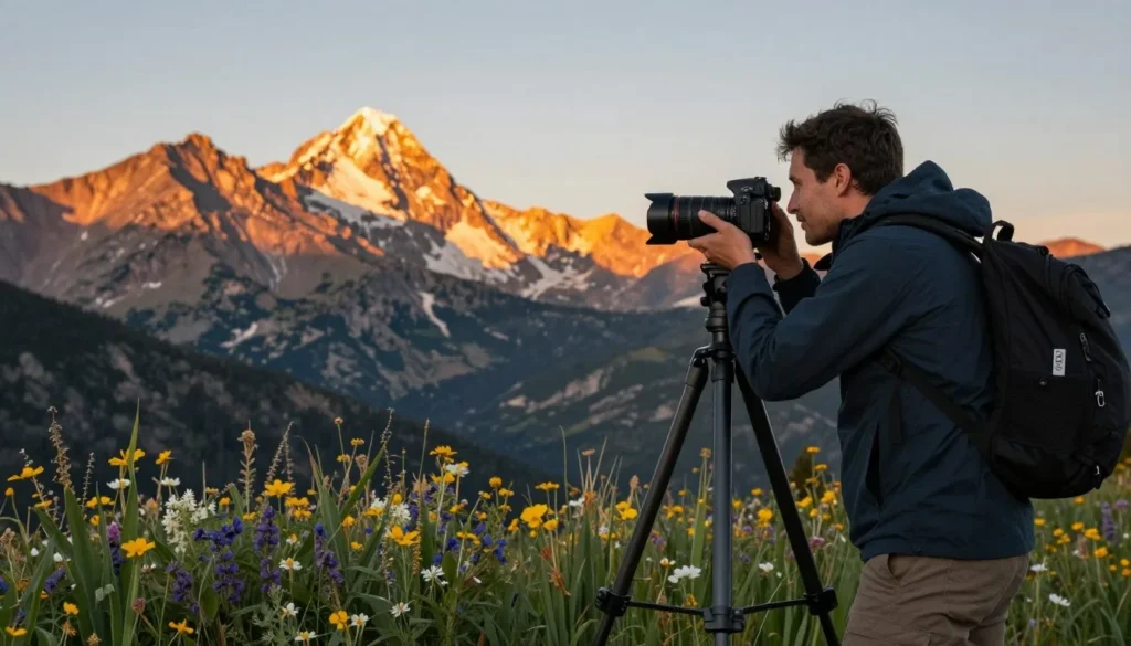 Photographer capturing Mount Sneffels sunrise from Yankee Boy Basin
