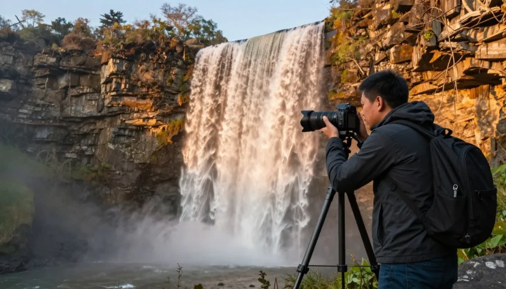 Photographer capturing Rifle Falls waterfall during golden hour Photographer capturing Rifle Falls waterfall during golden hour