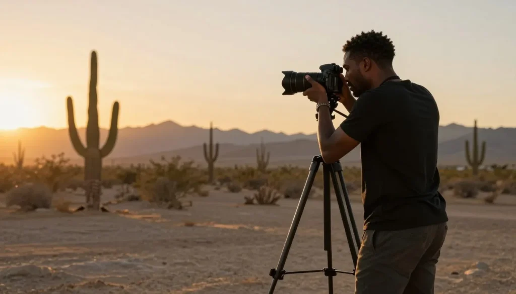 Photographer capturing desert sunset scene