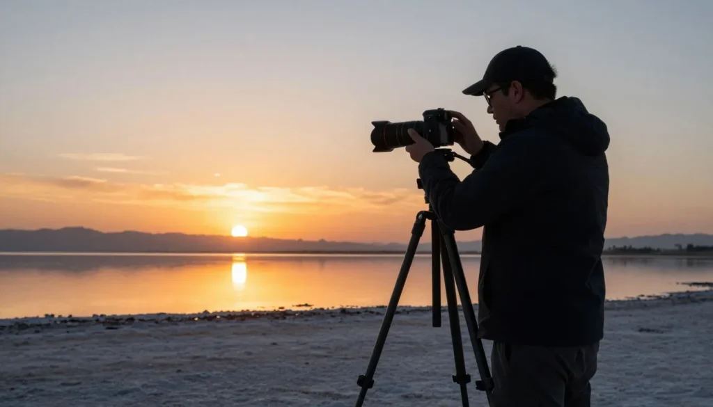 Photographer capturing golden hour images at Great Salt Lake State Park Photographer capturing golden hour images at Great Salt Lake State Park