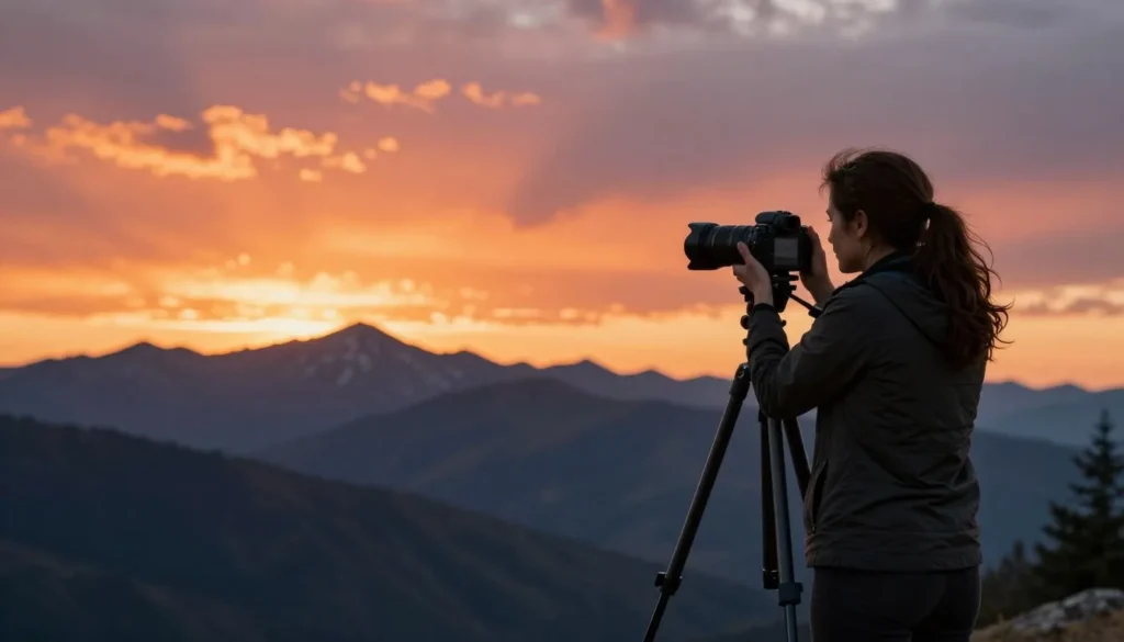Photographer capturing mountain sunset from rocky overlook