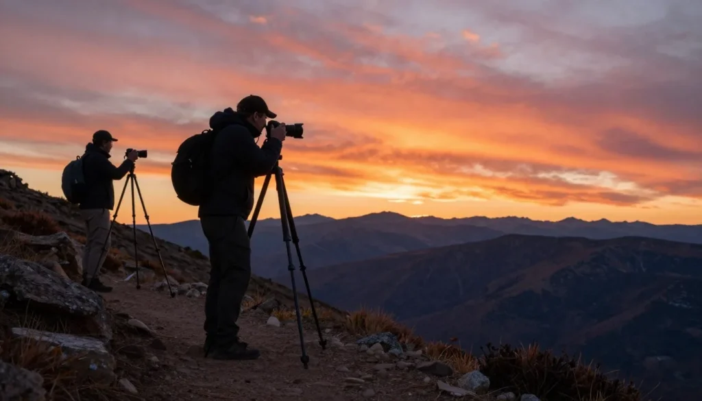Photographer capturing sunrise from Mount Oxford trail with camera on tripod