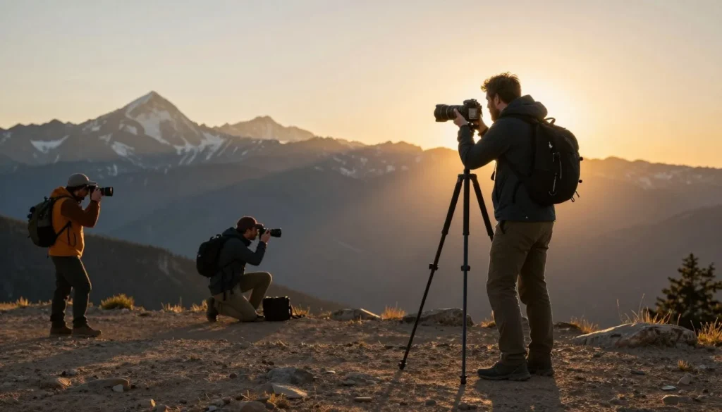 Photographer capturing sunrise over mountain peaks from scenic overlook Photographer capturing sunrise over mountain peaks from scenic overlook