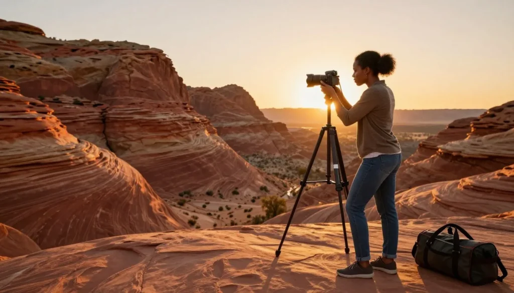 Photographer capturing sunset over Grand Staircase colorful rock formations