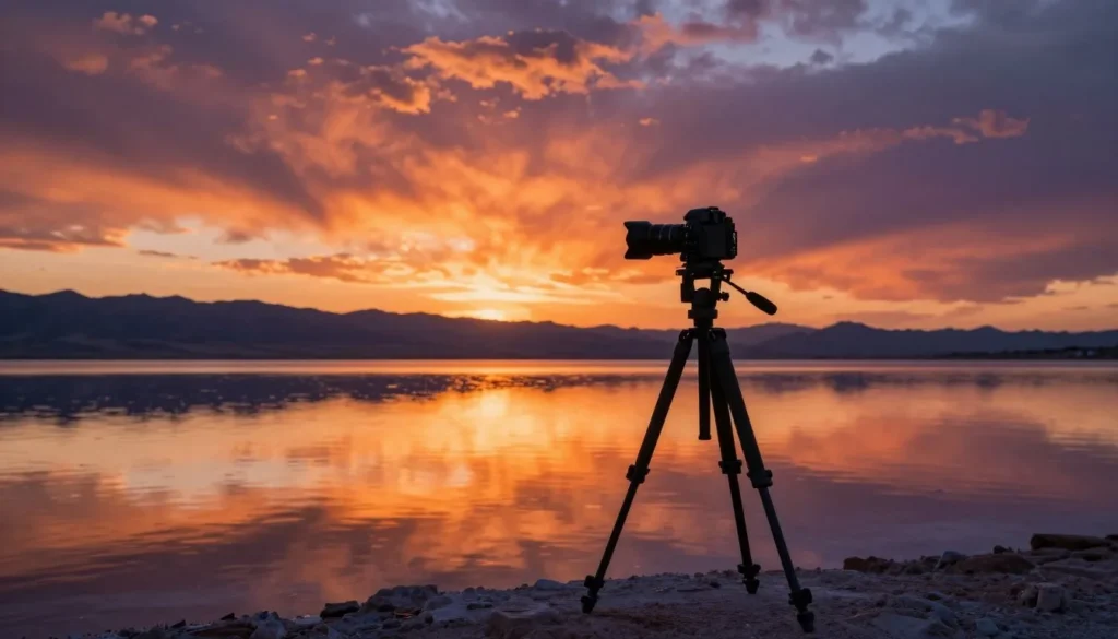 Photographer capturing sunset over Great Salt Lake with dramatic sky colors Photographer capturing sunset over Great Salt Lake with dramatic sky colors