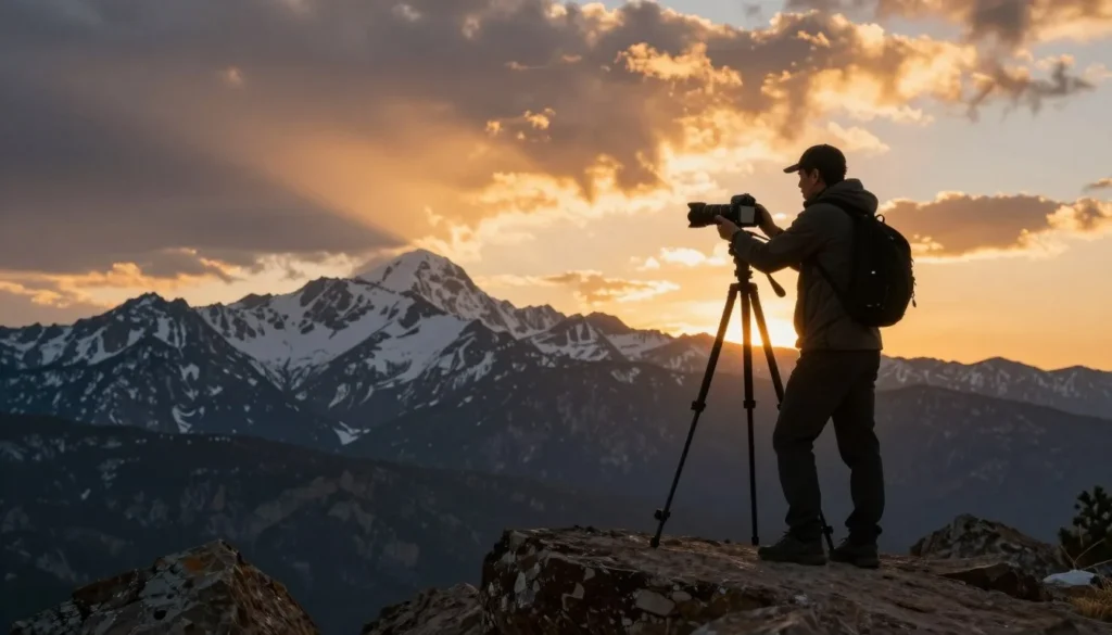 Photographer with tripod capturing sunset over Pikes Peak from scenic overlook Photographer with tripod capturing sunset over Pikes Peak from scenic overlook