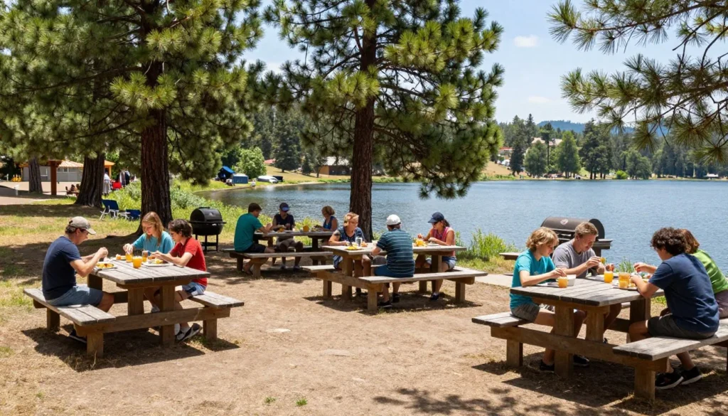 Picnic area with families enjoying meals at Jordanelle Reservoir