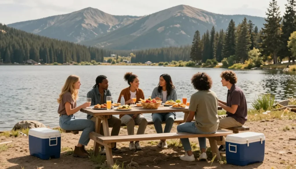 Picnic scene at Lathrop State Park with diverse group enjoying outdoor meal
