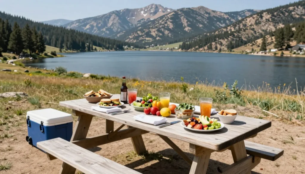 Picnic setup at Jordanelle State Park with local food and lake backdrop