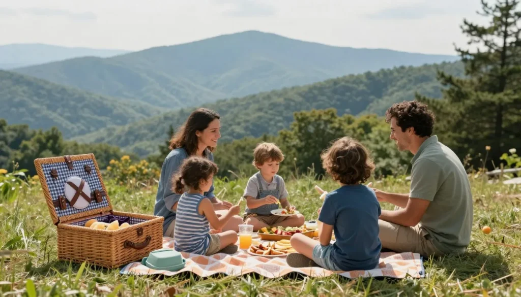 Picnic setup at mountain overlook in Smoky Mountains