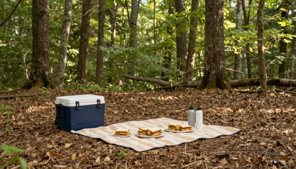 Picnic setup in Tennessee forest clearing