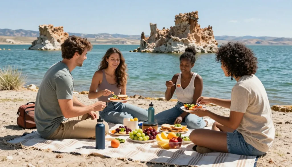 Picnic setup with food and drinks overlooking Pyramid Lake Nevada
