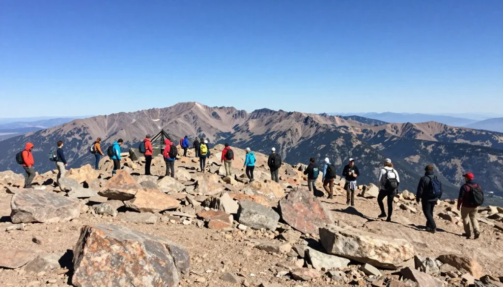 Pikes Peak summit area with rocky terrain and visitors Pikes Peak summit area with rocky terrain and visitors