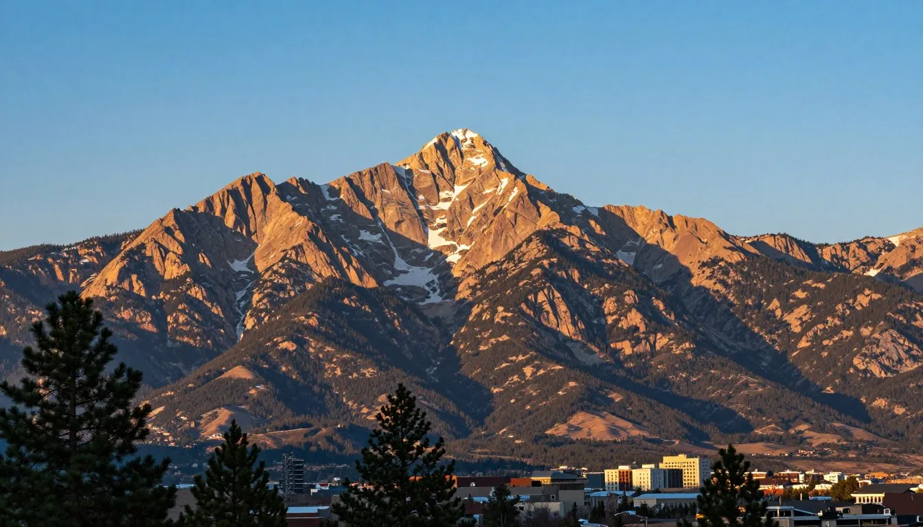Pikes-Peak-summit-towering-above-Colorado-Springs-landscape-with-golden-sunrise-illuminating Pikes Peak summit towering above Colorado Springs landscape with golden sunrise illuminating the mountain peak