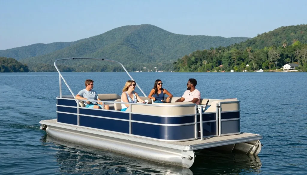 Pontoon boat on Cherokee Lake Tennessee with diverse group of tourists enjoying the water
