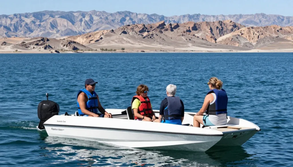 Powerboat with diverse family cruising on Lake Mead blue waters Powerboat with diverse family cruising on Lake Mead blue waters