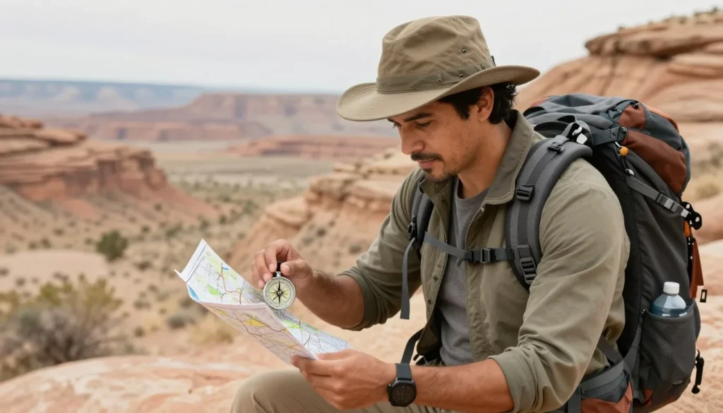 Prepared hiker with proper safety gear checking map in Grand Staircase desert