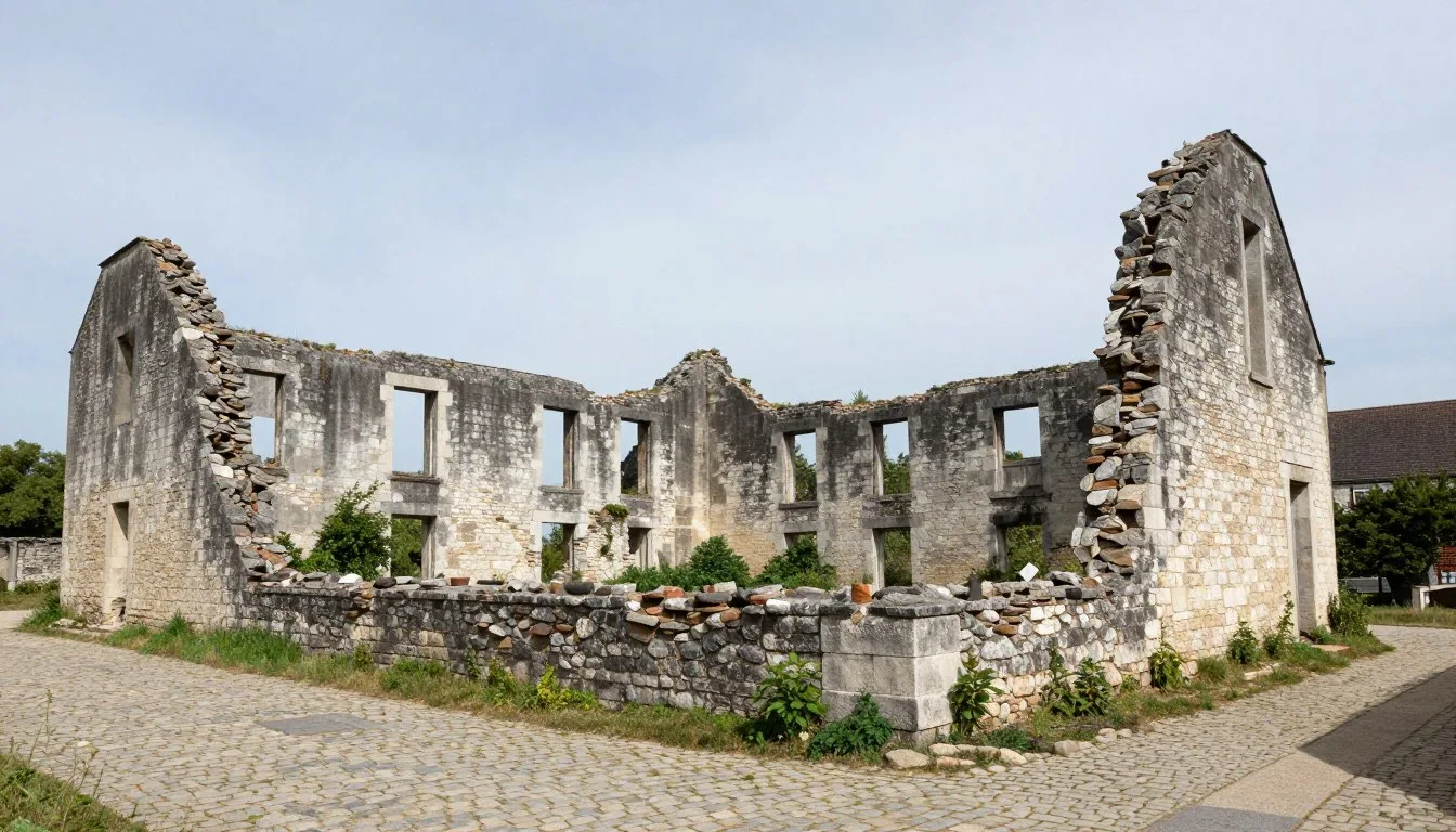 Preserved ruins of Oradour-sur-Glane village with stone walls and memorial atmosphere