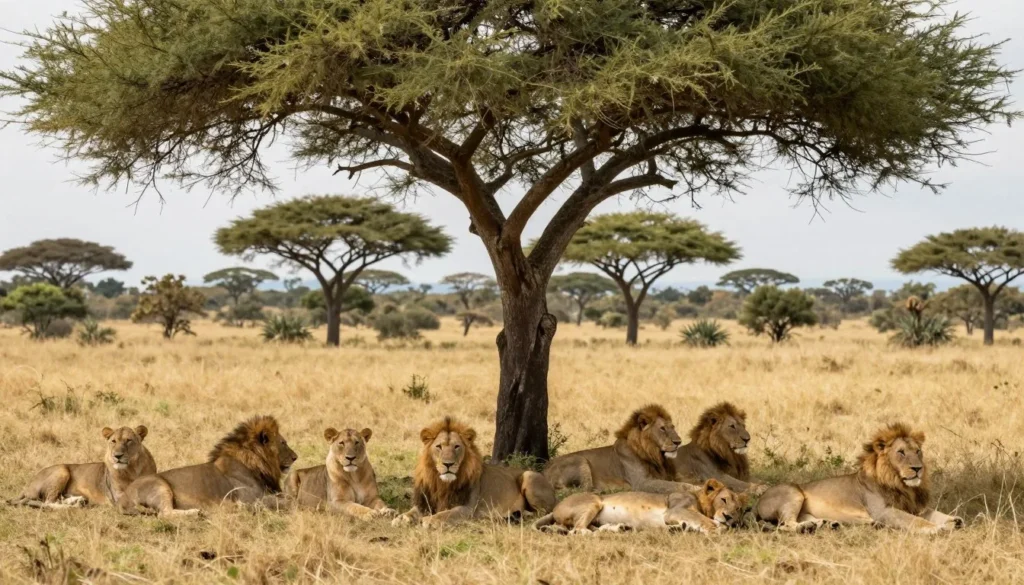 Pride of lions resting under shade of acacia tree in African wilderness Pride of lions resting under shade of acacia tree in African wilderness