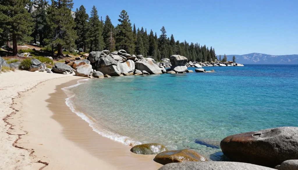 Pristine Lake Tahoe shoreline showing natural beauty and conservation Pristine Lake Tahoe shoreline showing natural beauty and conservation