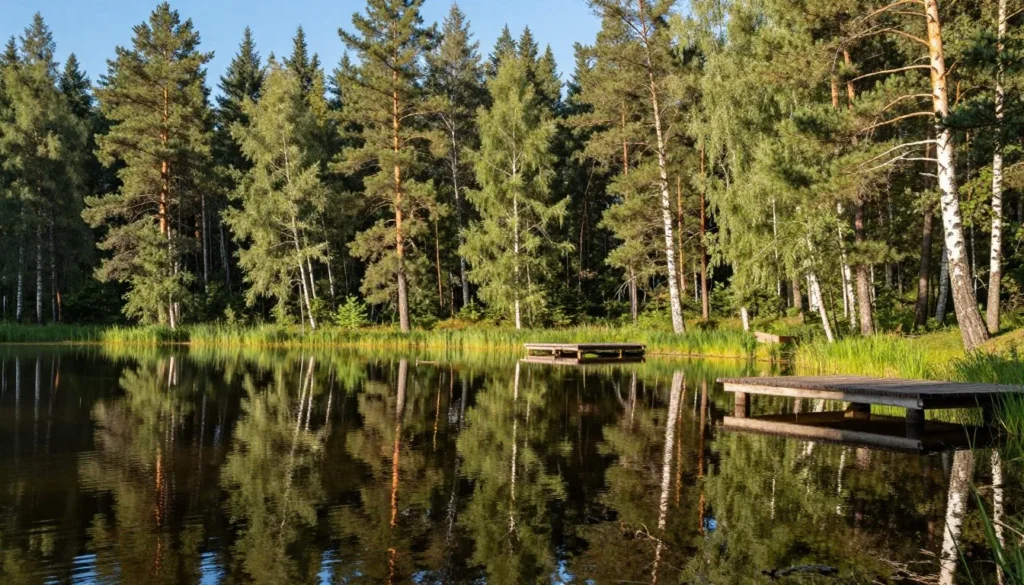 Pristine forest lake in Udmurt Republic with reflection of pine trees in calm water Pristine forest lake in Udmurt Republic with reflection of pine trees in calm water