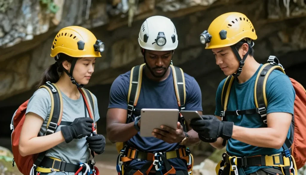 Properly equipped cave explorers demonstrating safety practices