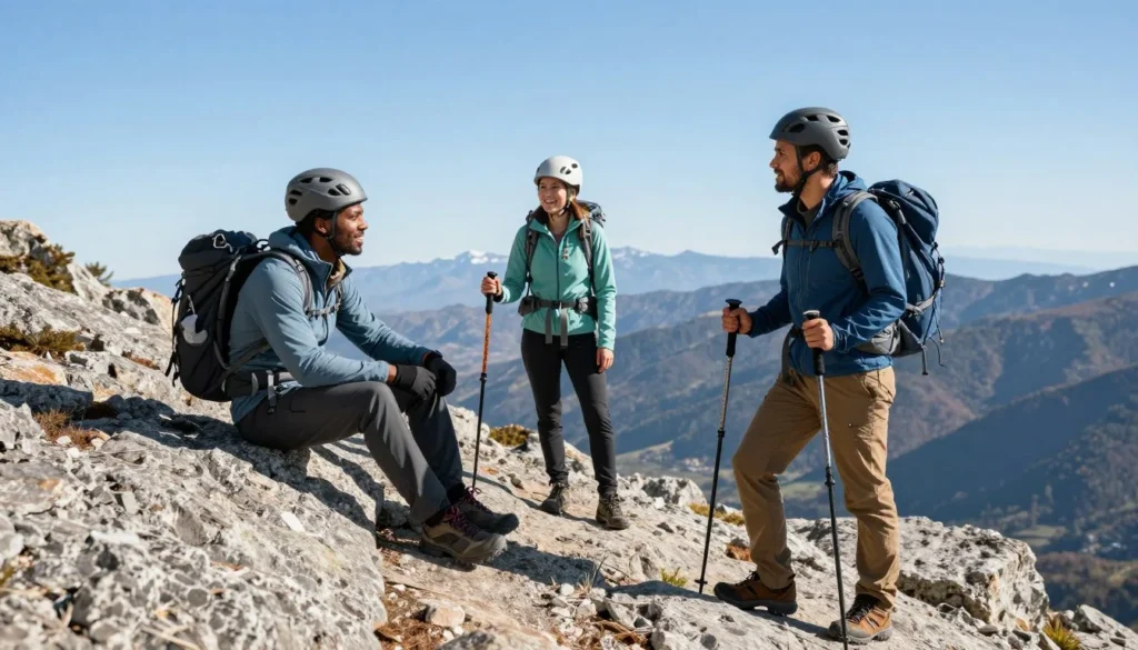Properly equipped hikers with safety gear on Mount Harvard trail Properly equipped hikers with safety gear on Mount Harvard trail