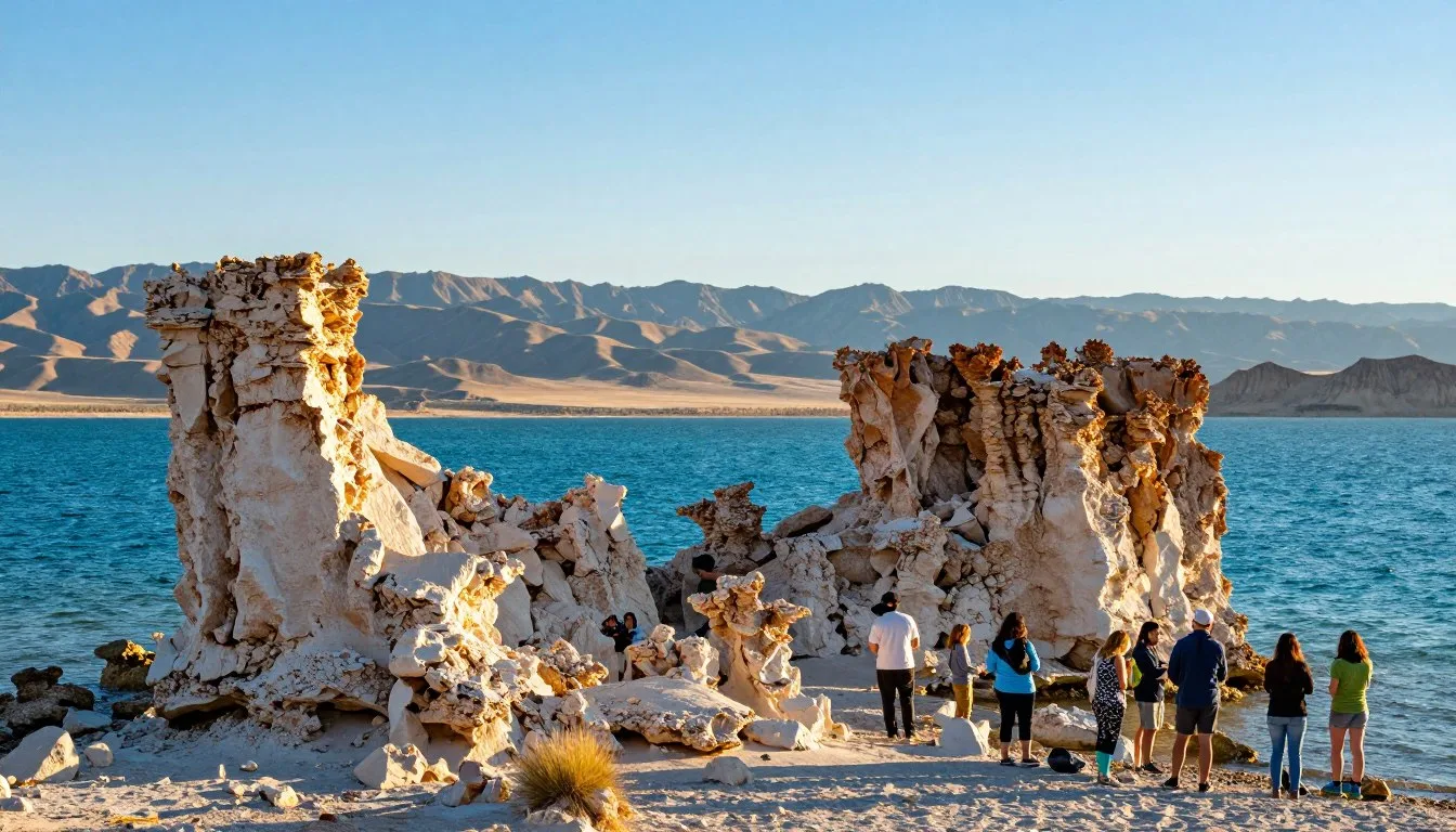 Pyramid Lake Nevada turquoise waters with dramatic tufa rock formations against desert mountains
