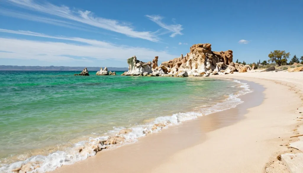 Pyramid Lake beach with clear turquoise water and sandy shore