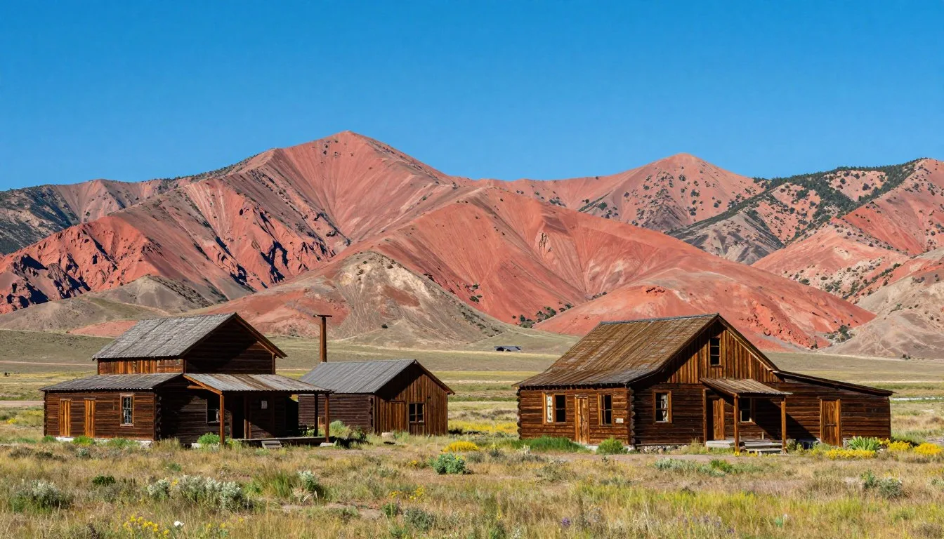 Red-Mountain-Town-Ruins-nestled-among-crimson-peaks-in-Colorado-with-weathered-wooden Red Mountain Town Ruins nestled among crimson peaks in Colorado with weathered wooden structures and abandoned mining equipment scattered across alpine meadows