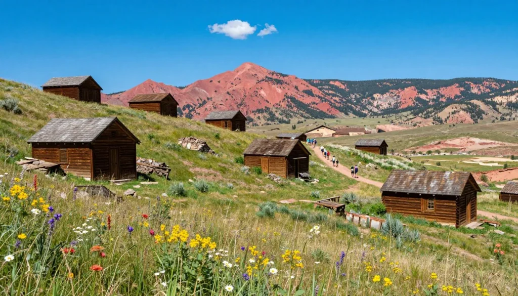 Red Mountain mining district landscape showing weathered buildings and mine structures scattered across hillside with wildflowers in summer bloom