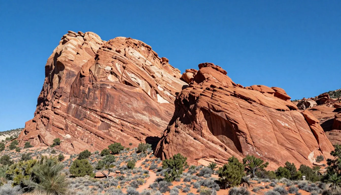 Red-Rock-Canyon-Colorado-Springs-towering-sandstone-formations-against-blue-sky-with-hiking Red Rock Canyon Colorado Springs towering sandstone formations against blue sky with hiking trail visible