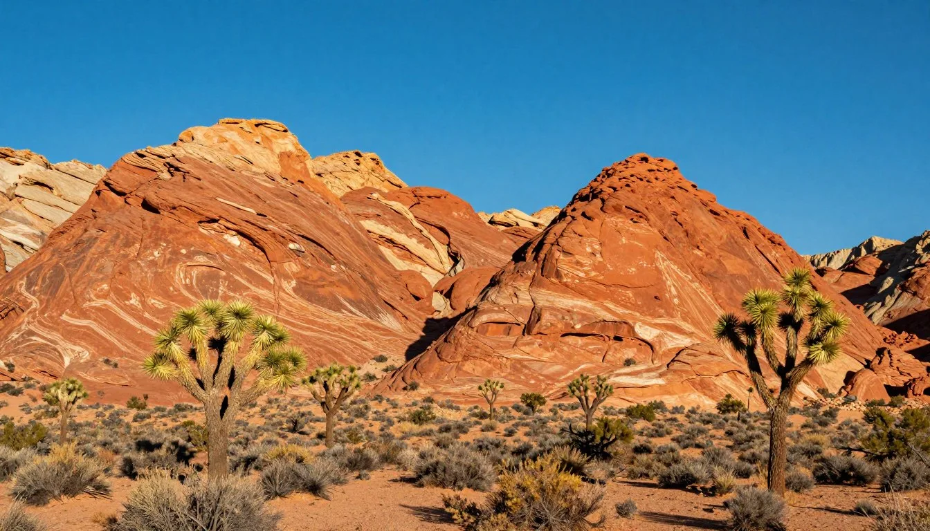 Red Rock Canyon towering sandstone formations under brilliant blue sky with desert vegetation