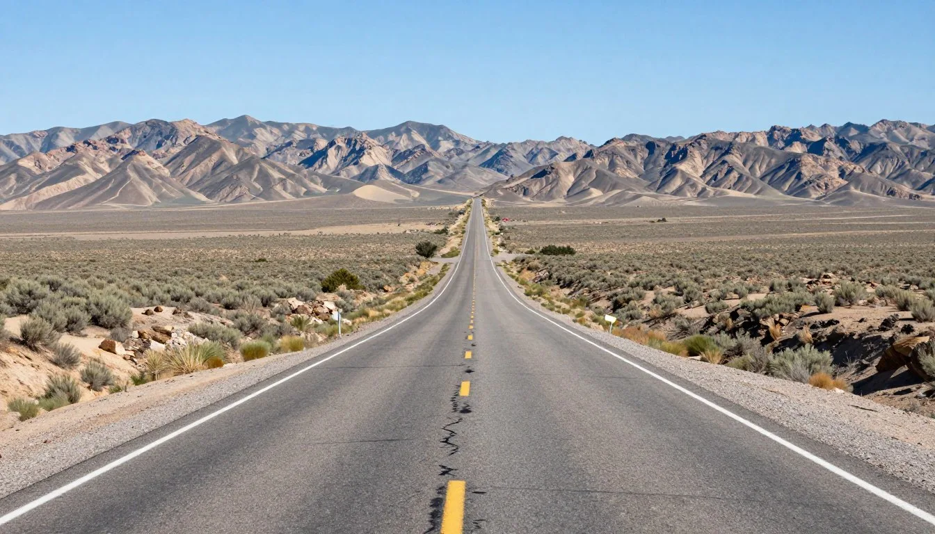 Remote desert highway leading through Quinn River valley with mountain ranges in distance