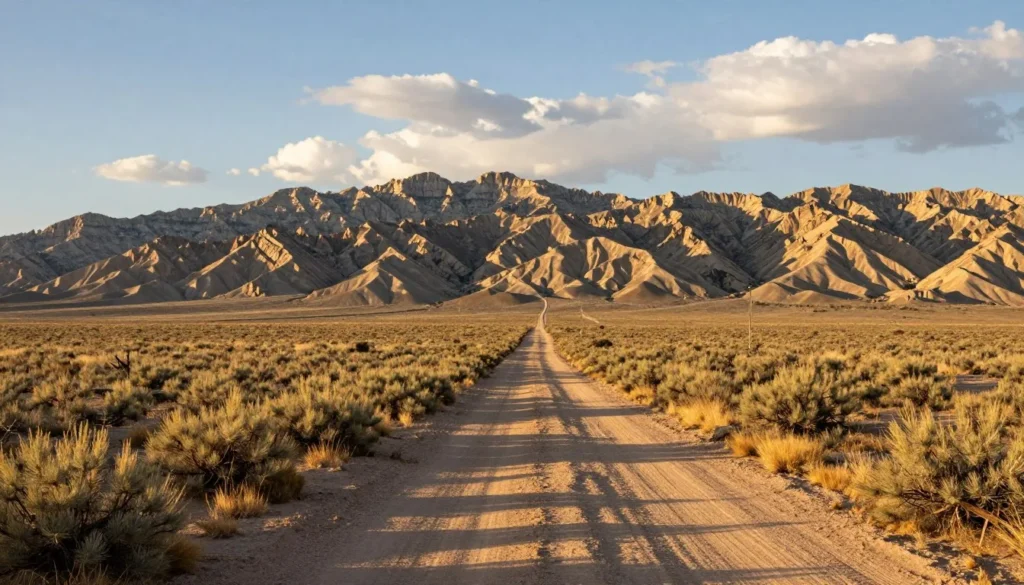 Remote desert landscape with mountain range in background and sparse vegetation in foreground Remote desert landscape with mountain range in background and sparse vegetation in foreground