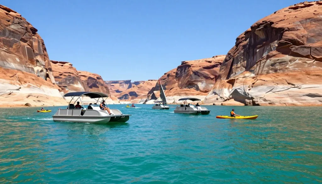 Reservoir water sports with boats and cliffs Reservoir water sports with boats and cliffs