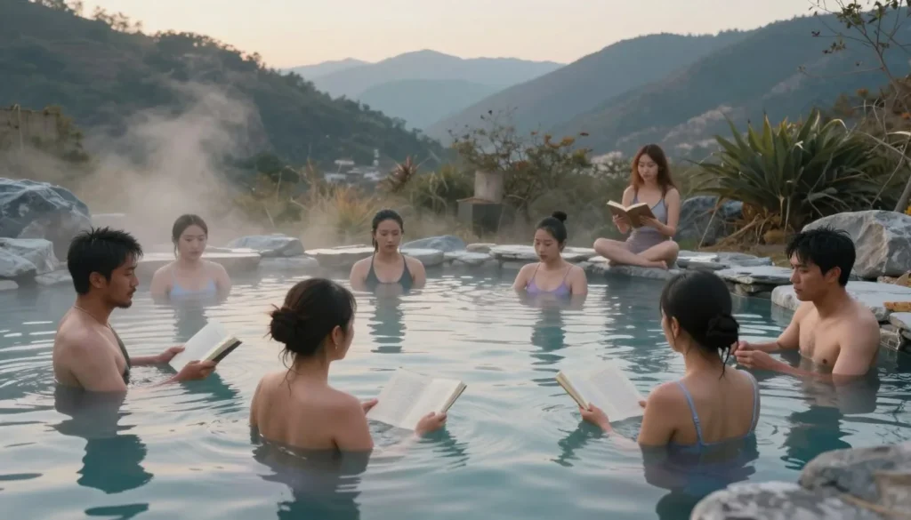 Respectful hot springs visitors maintaining quiet peaceful atmosphere in natural setting
