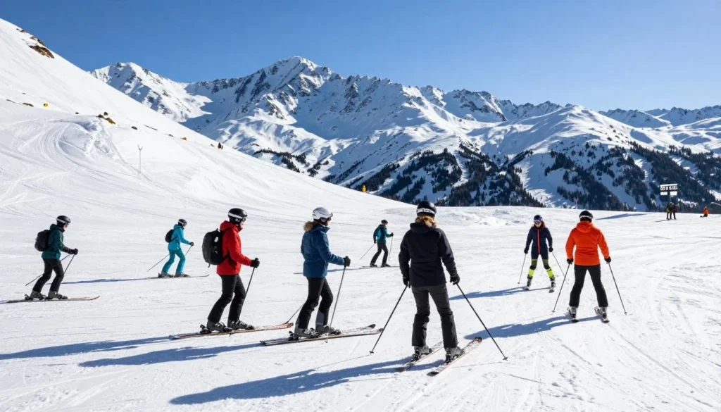 Respectful skiers sharing mountain slopes Respectful skiers sharing mountain slopes