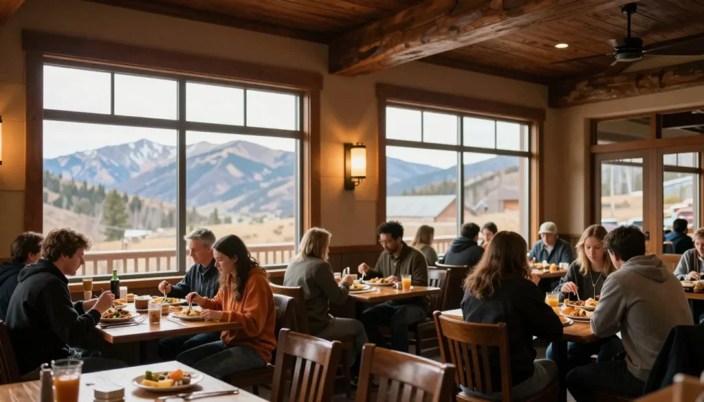 Restaurant interior with mountain view and diverse diners Restaurant interior with mountain view and diverse diners