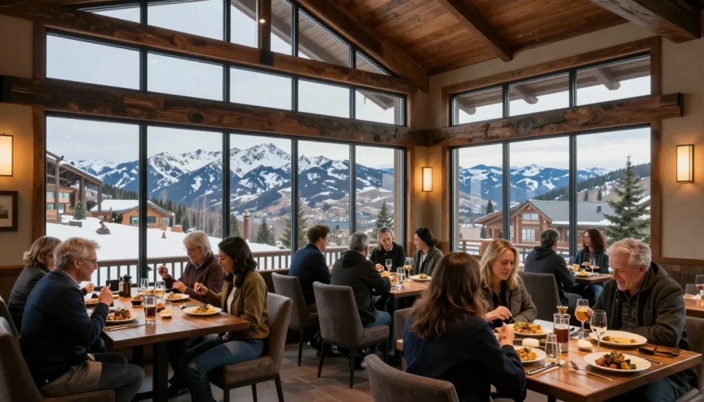 Restaurant interior with mountain views and diverse diners enjoying local cuisine