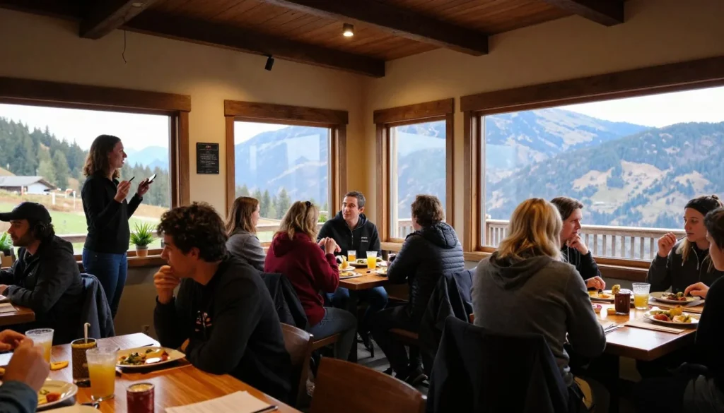 Restaurant interior with mountain views and diverse diners enjoying meals