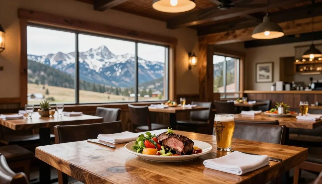 Restaurant table with mountain cuisine dishes and mountain view through window Restaurant table with mountain cuisine dishes and mountain view through window