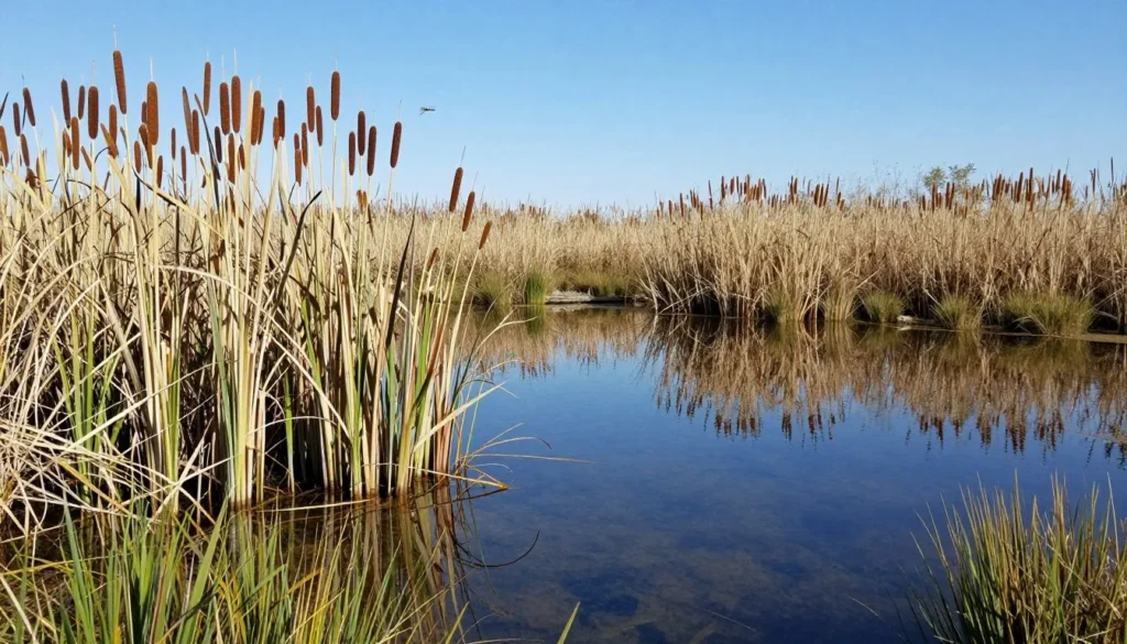 Restored wetlands at McCarran Ranch Preserve with native plants and clear water Restored wetlands at McCarran Ranch Preserve with native plants and clear water