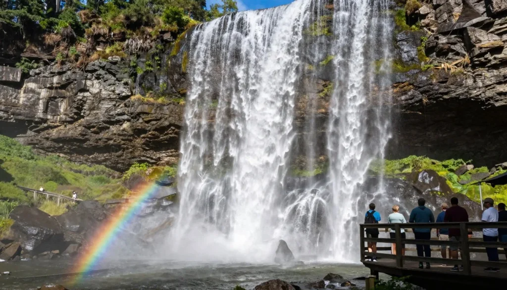 Rifle Falls triple waterfall with rainbow mist Rifle Falls triple waterfall with rainbow mist