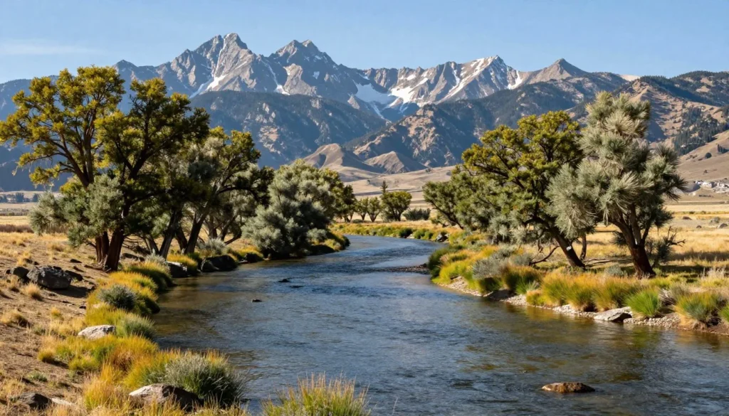 Rio Grande river winding through valley with mountains