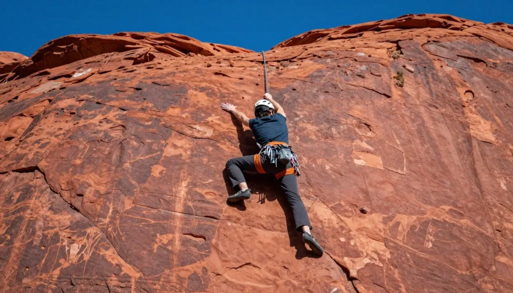 Rock climber ascending red sandstone wall at Red Rock Canyon Colorado Springs Rock climber ascending red sandstone wall at Red Rock Canyon Colorado Springs