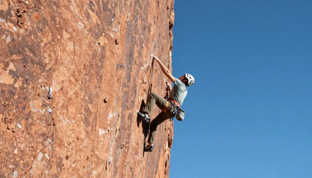 Rock climber ascending sandstone crack with red rock landscape background