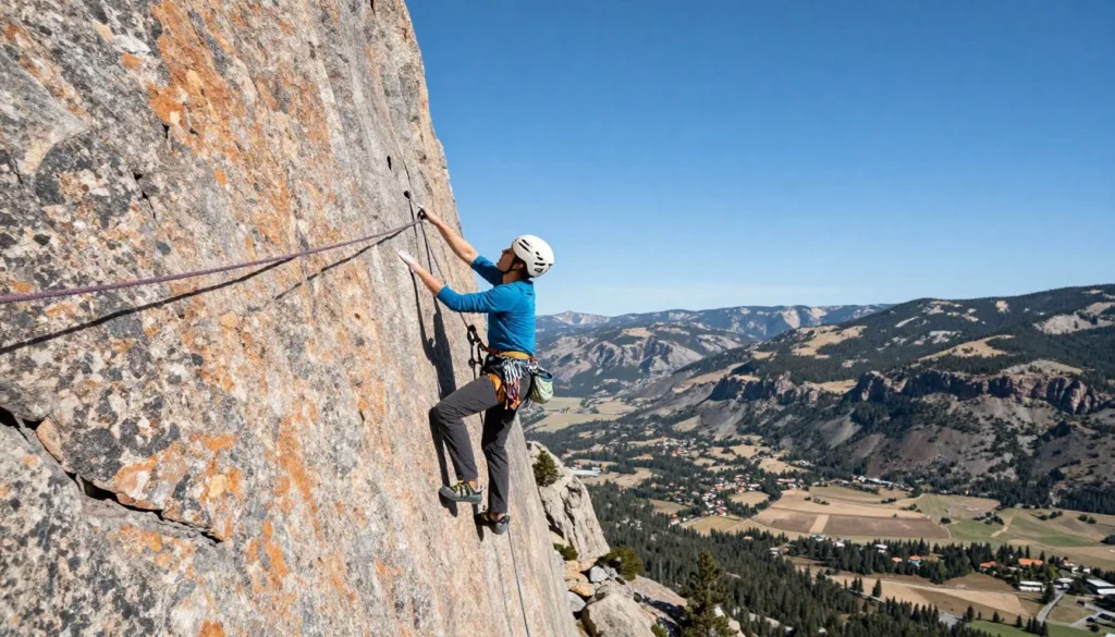 Rock climber on granite cliff with mountain valley view below