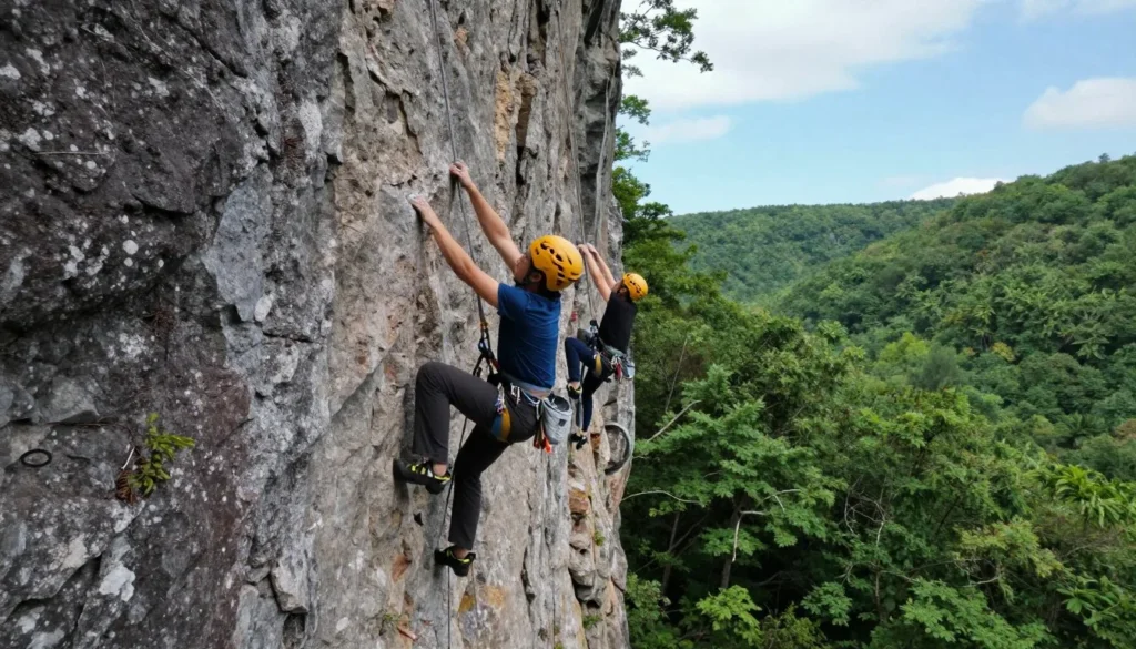 Rock climbers on cliffs near Benton Falls with forest backdrop Rock climbers on cliffs near Benton Falls with forest backdrop