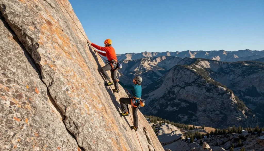 Rock climbers on granite cliff face in Rocky Mountain National Park Colorado